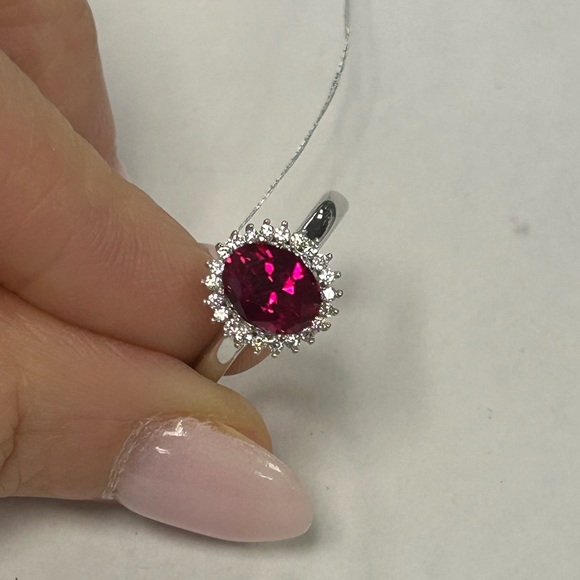 Suzy Levian Sterling Silver Oval Cut Red CZ & White CZ Halo Ring NWT - Picture 5 of 7